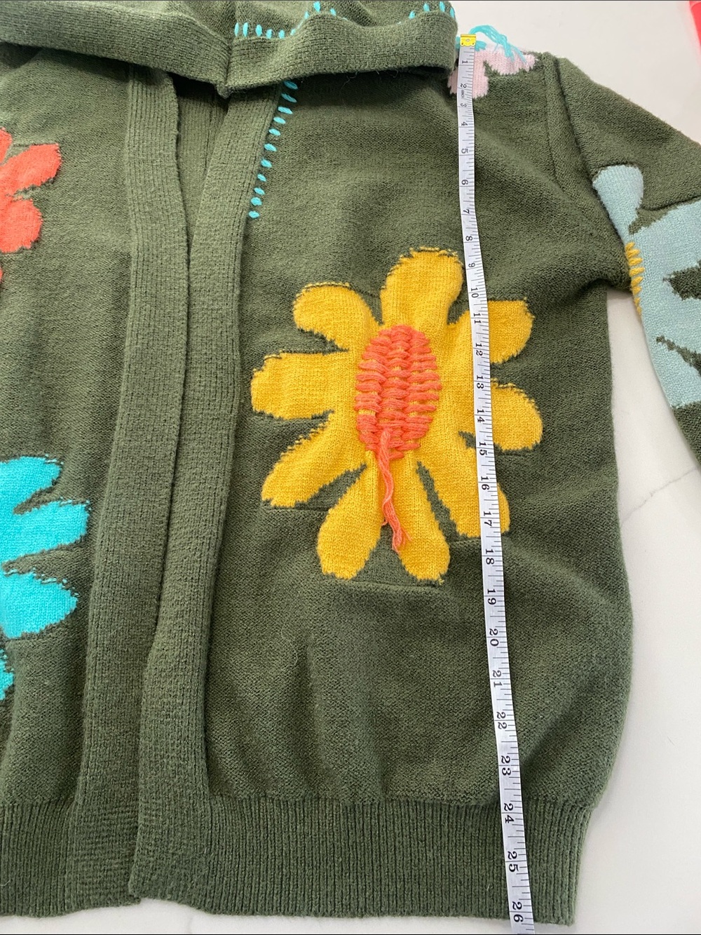 POL ANTHROPOLOGIE Olive Hooded Cardigan with Bright Floral Intarsia WOMANS L - Picture 6 of 8